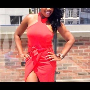 Body con halter top midi dress with split.